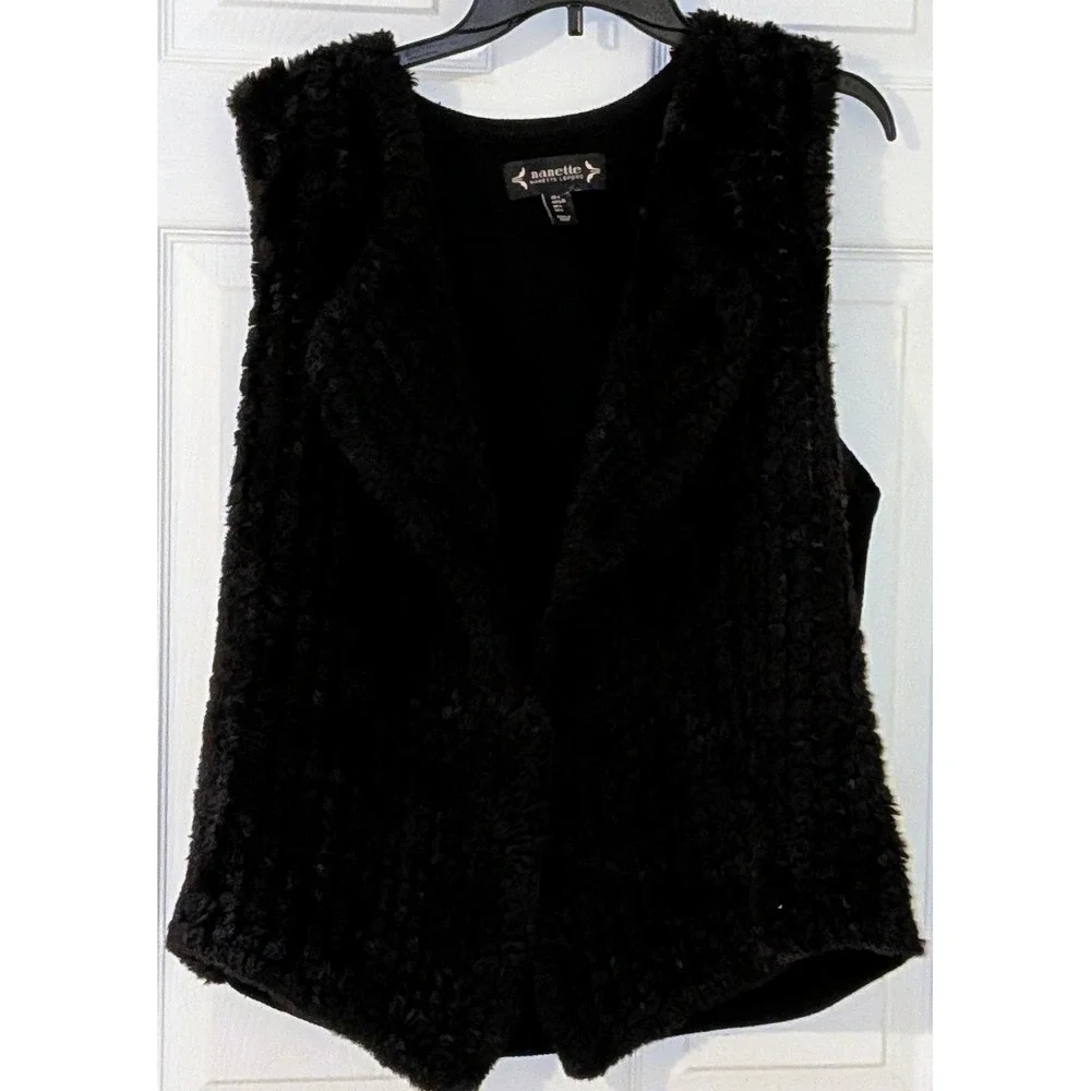 Nanette Lepore Black Faux Fur Vest Sleeveless Collarless Size L‎